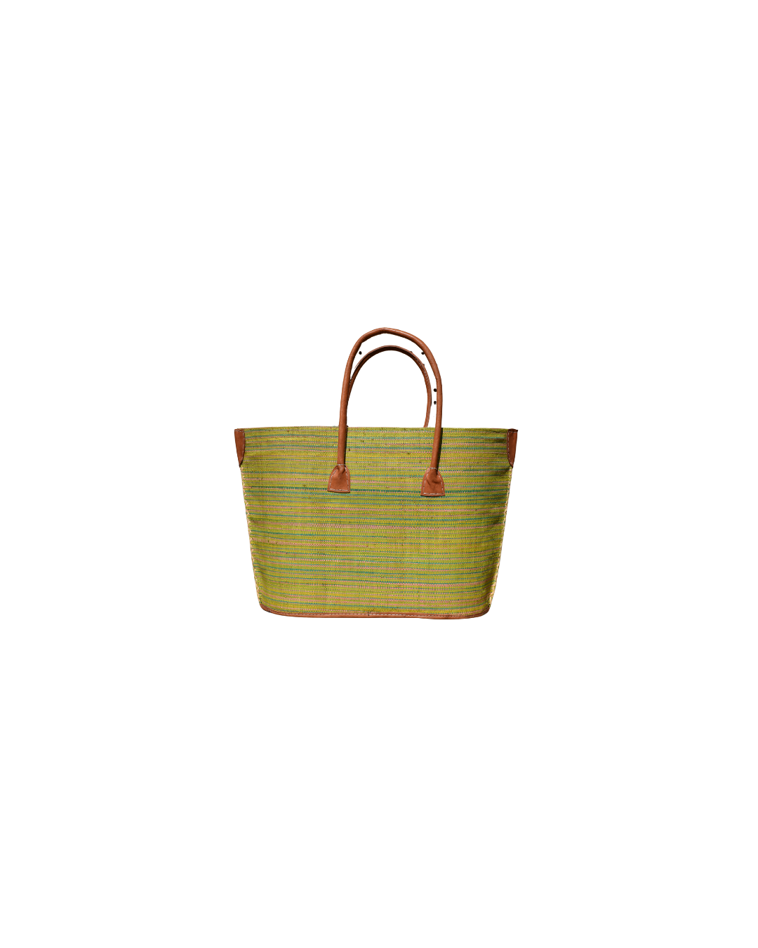 Medium raffia handbag in solid green tone with leather handles and stitched detailing – Beach Bliss 125 back view.