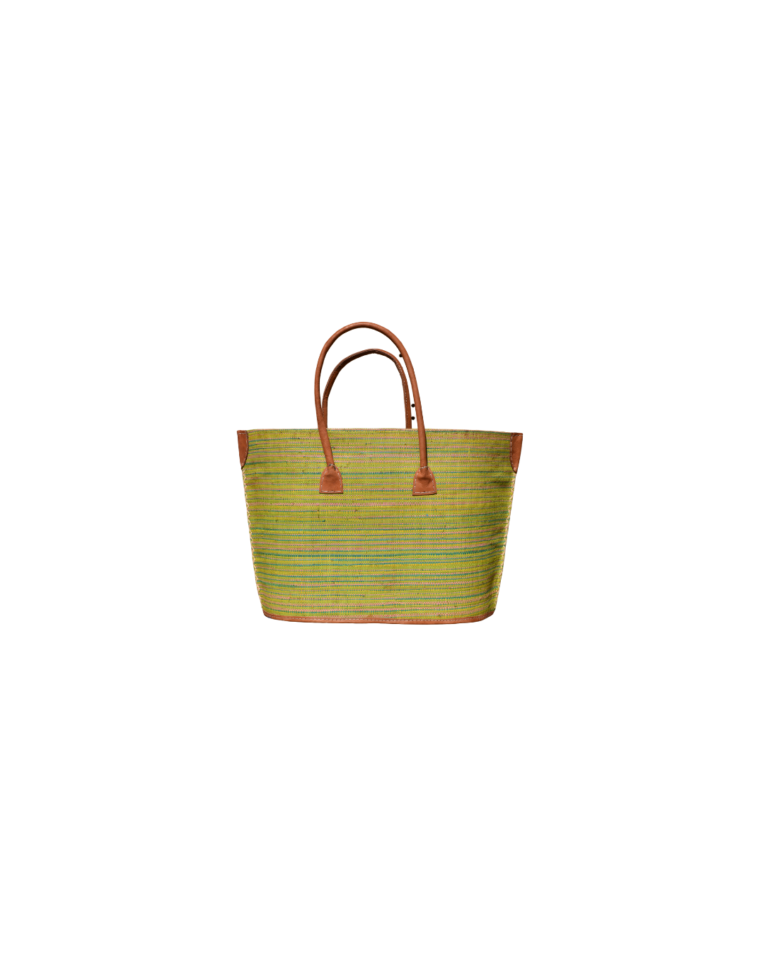 Medium raffia handbag in soft green with subtle horizontal stripes, genuine leather handles, and reinforced corners – Beach Bliss 125 front view.