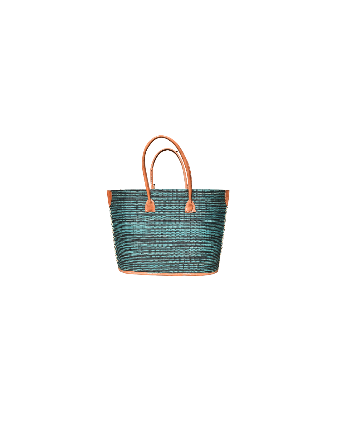Back view of Beach Bliss 126 medium raffia handbag in teal and natural stripes with leather handles, sustainable handmade bag from Madagascar
