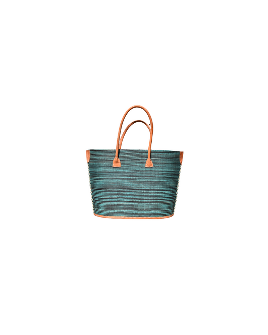 Beach Bliss 126 medium raffia handbag with teal and natural horizontal stripes, genuine leather handles, handmade in Madagascar