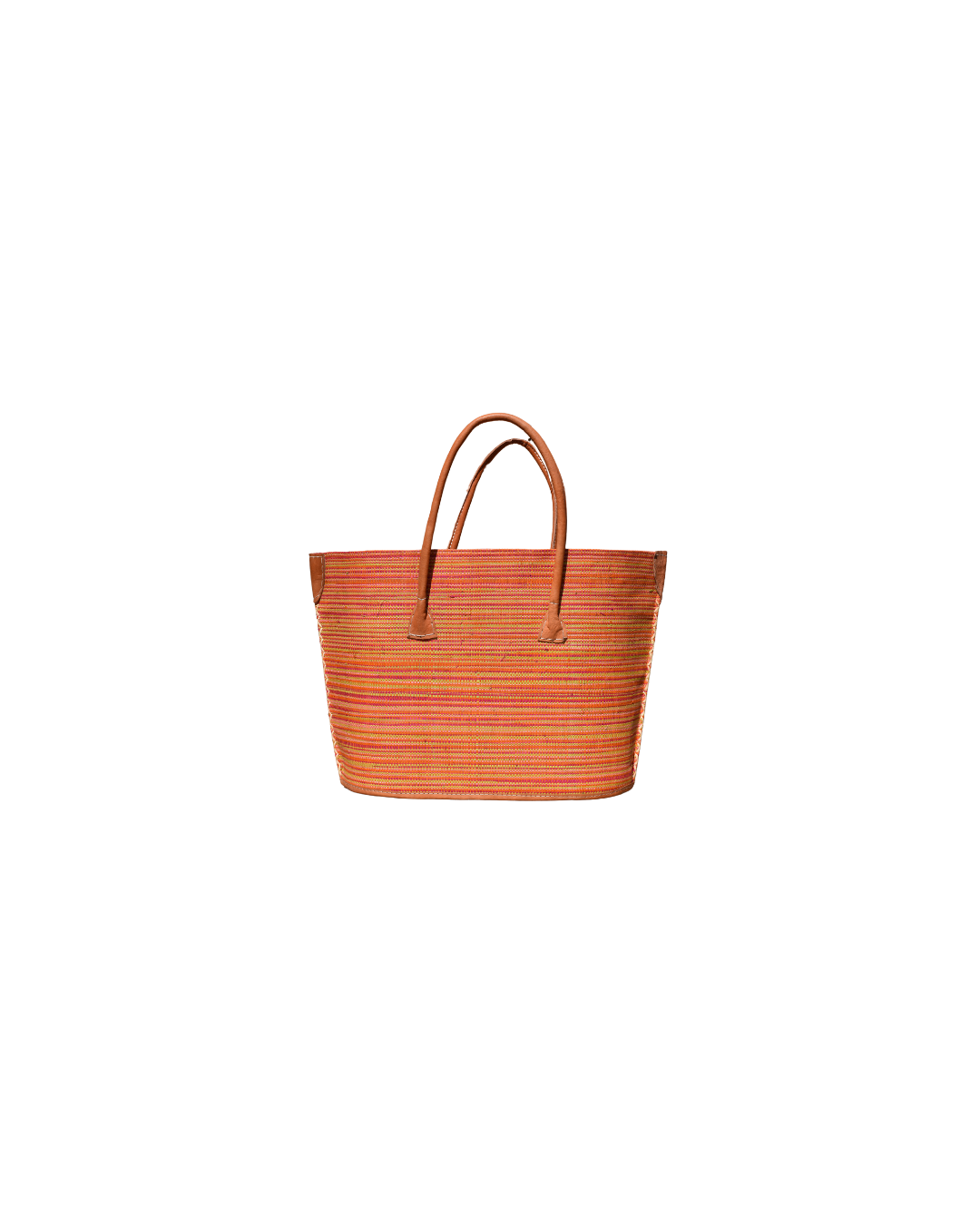 Medium raffia tote bag with solid orange-red striped weave, leather handles, and reinforced corners – Beach Bliss 127 back view.