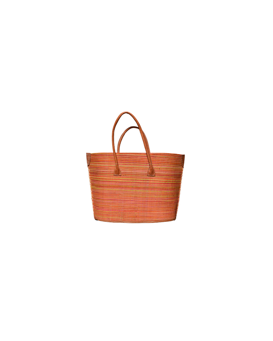 Medium raffia tote bag with orange and red horizontal stripes, leather handles, and reinforced corners – Beach Bliss 127 front view.