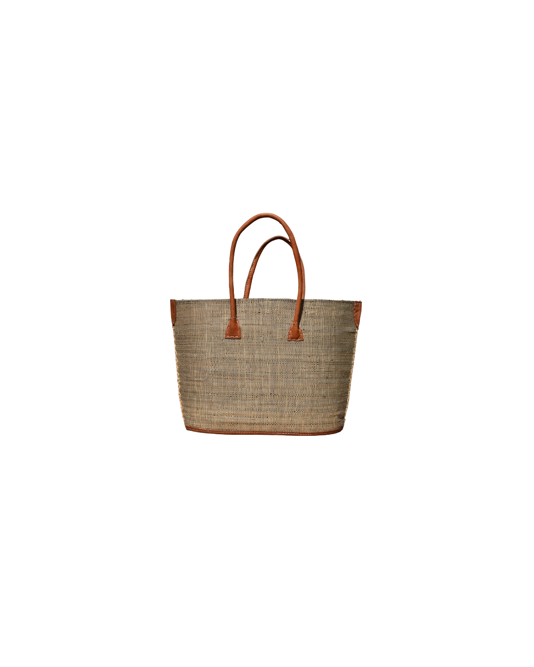 "Beach Bliss 128 medium raffia handbag in natural sand tone with leather handles and reinforced corners – back view."