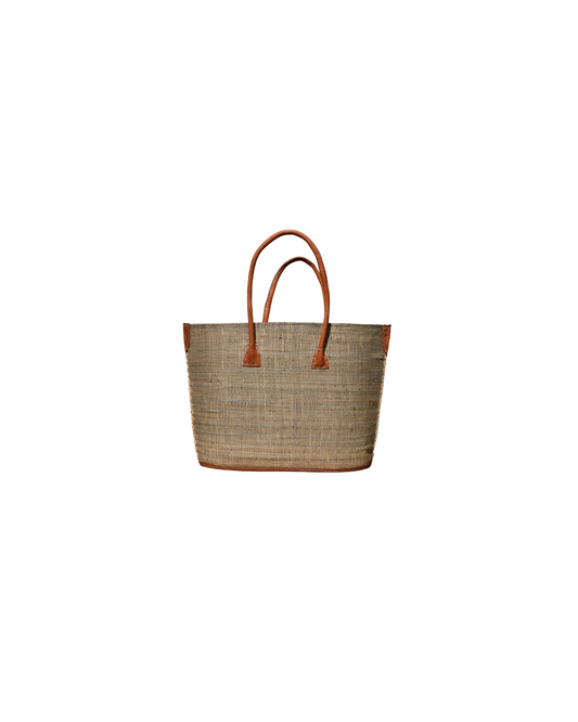 "Beach Bliss 128 medium raffia handbag in natural sand tone with genuine leather handles and fabric drawstring closure – front view."
