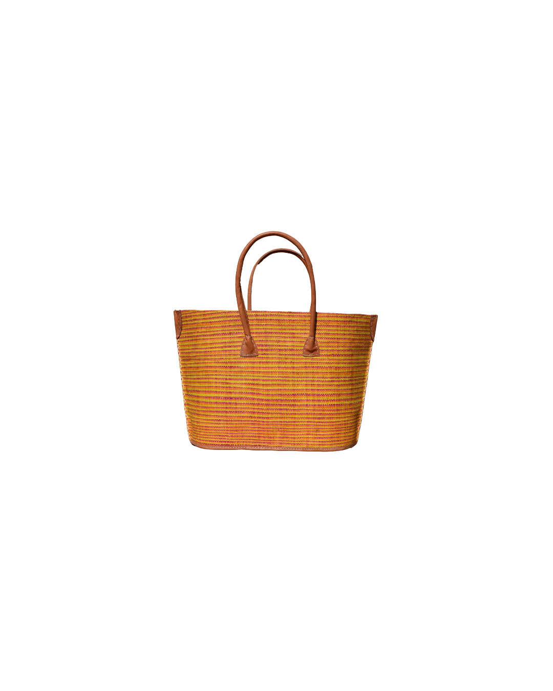 Medium raffia handbag in solid warm orange with fine stripe details, featuring brown leather handles and stitched edging – Beach Bliss 129 back view.