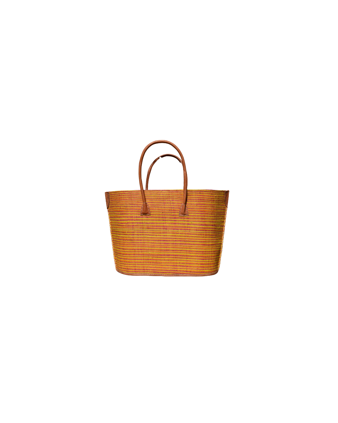 Medium raffia handbag with warm orange body and subtle multitone horizontal stripes, finished with brown leather handles and reinforced corners – Beach Bliss 129 front view.