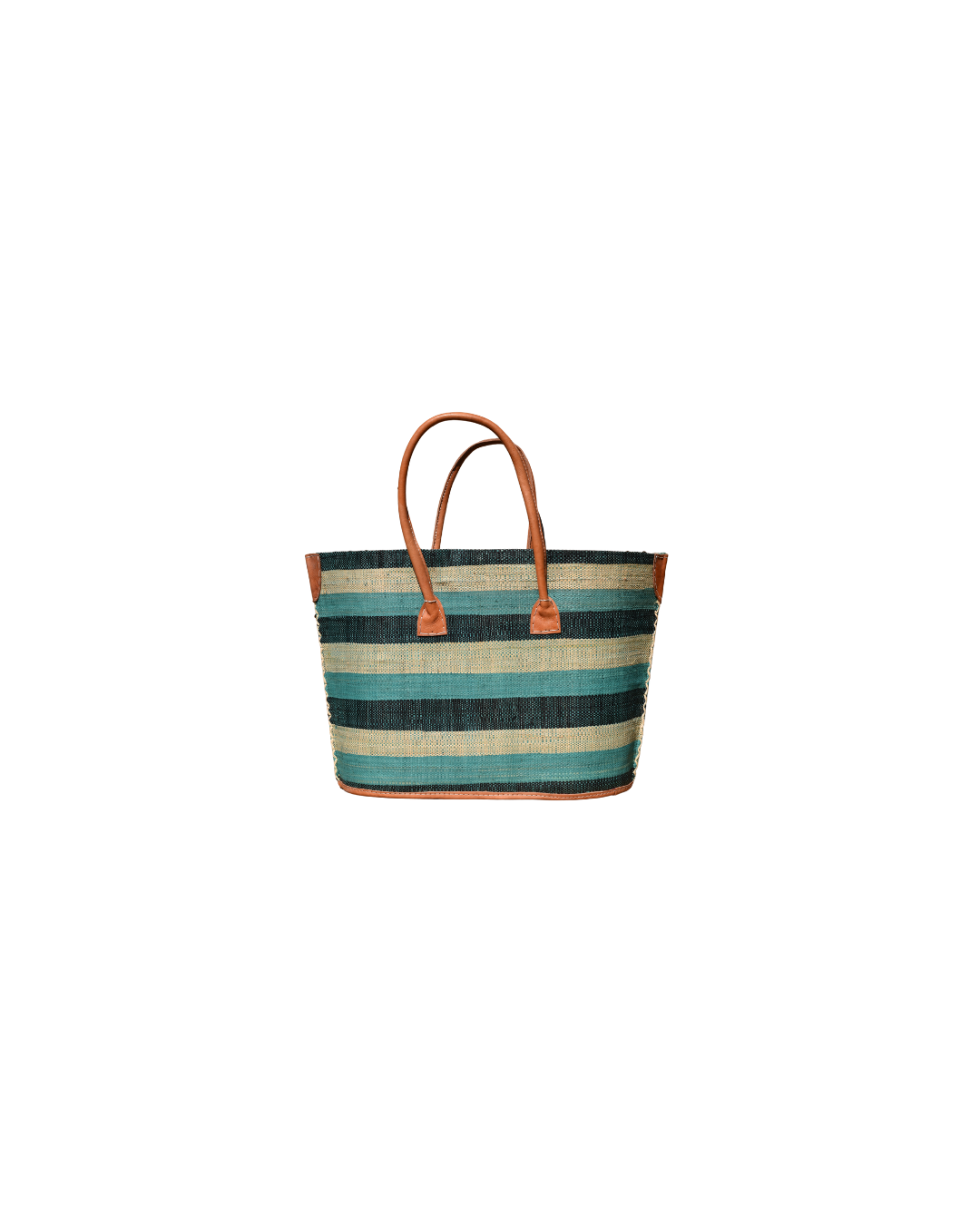 Back view of medium Beach Bliss 130 raffia tote bag in teal, black, and beige striped design with genuine leather handles and natural raffia texture.