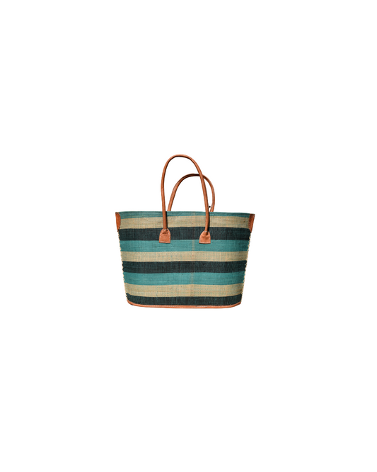 Medium Beach Bliss 130 raffia handbag with wide teal, black, and beige horizontal stripes, leather handles, and reinforced corners – handmade in Madagascar.