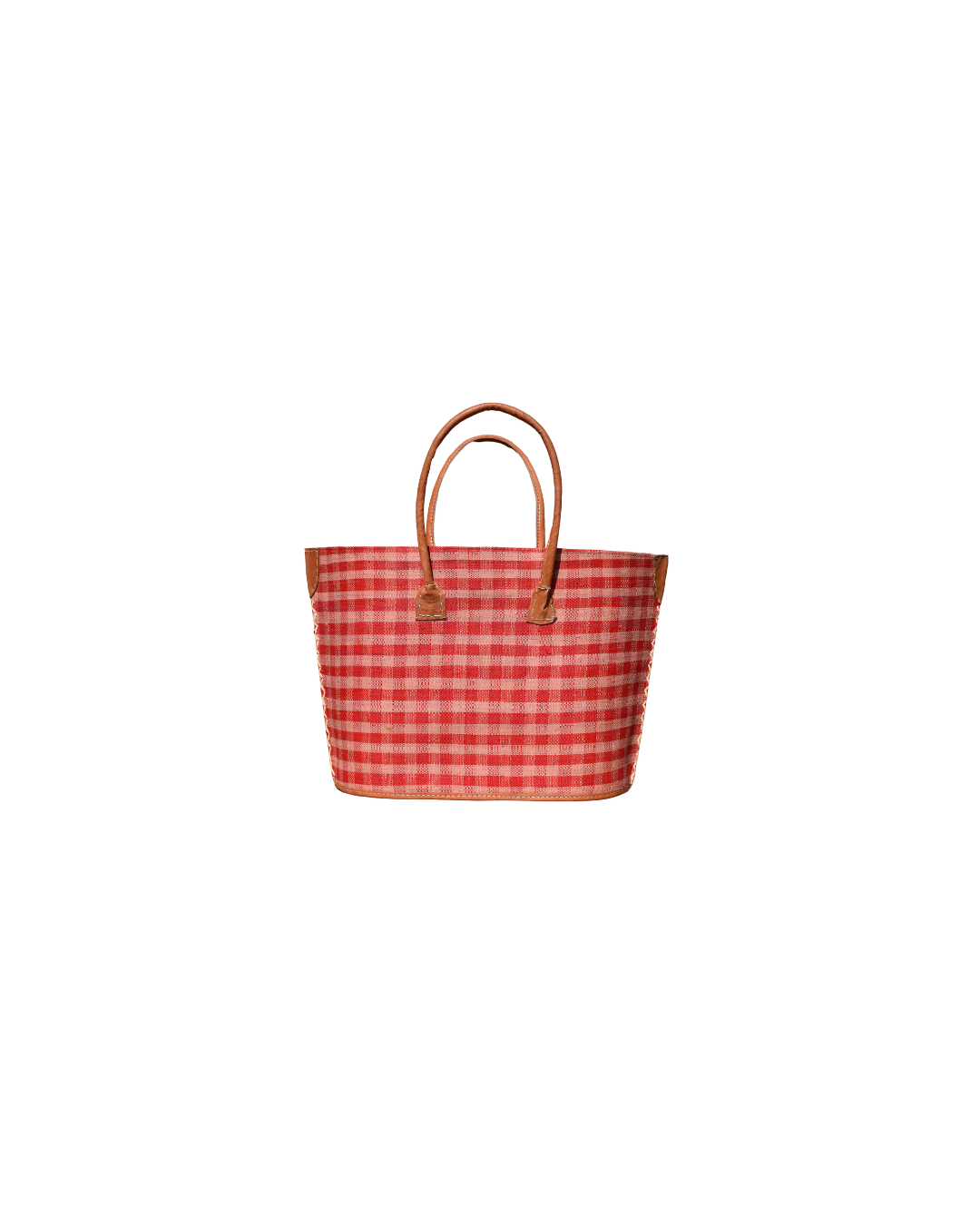 Medium raffia handbag in red and beige gingham check pattern with genuine leather handles and secure closure – Beach Bliss 131 back view.
