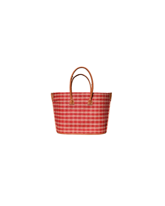 Medium raffia handbag with red and beige gingham check design, genuine leather handles, and reinforced corners – Beach Bliss 131 front view.