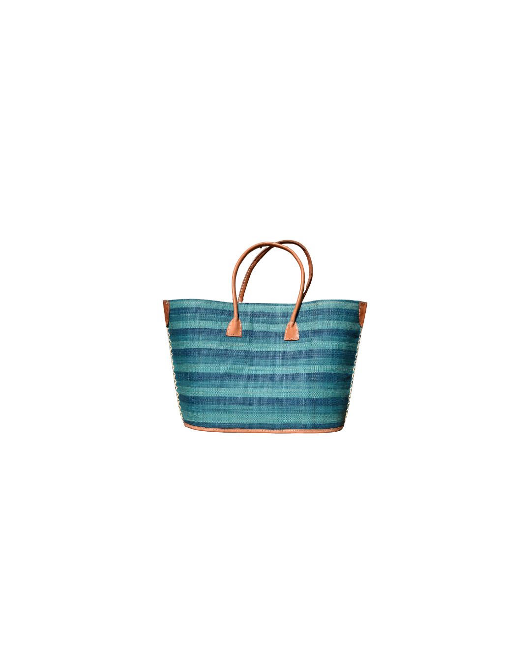 Medium raffia handbag in solid aqua and teal horizontal weave with leather handles – Beach Bliss 132 back view.
