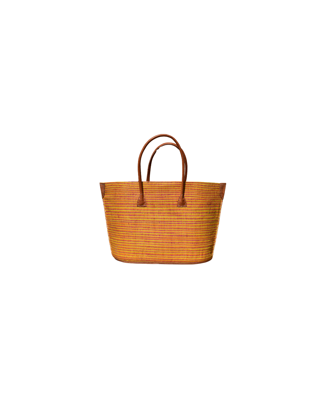 Medium raffia handbag in golden yellow with subtle red undertones, plain weave design, and leather handles – Beach Bliss 133 back view.