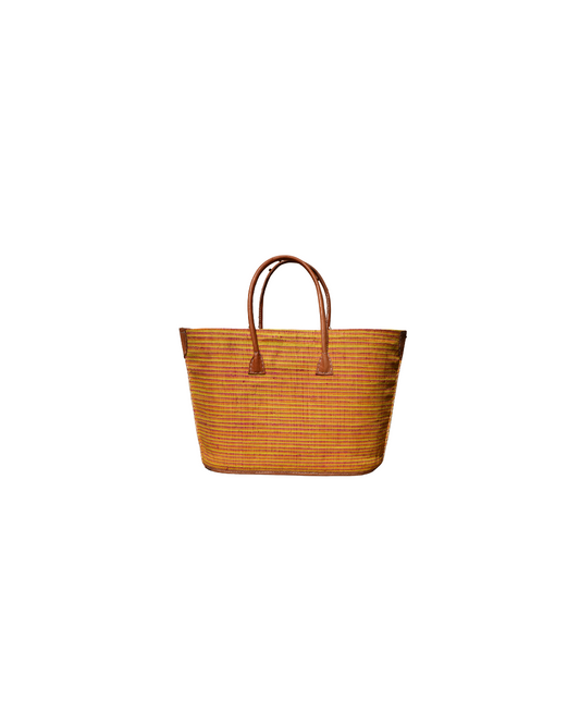 Medium raffia handbag with golden yellow and red striped weave, genuine leather handles, and reinforced corners – Beach Bliss 133 front view.