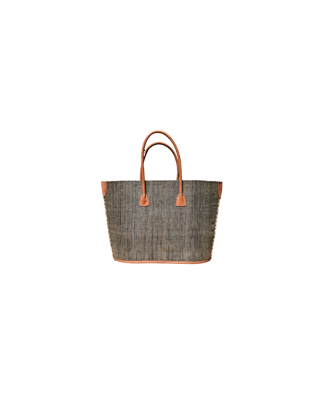 Medium Beach Bliss 134 handbag in natural raffia with a charcoal-black tone, genuine leather handles, and reinforced edges – back view.