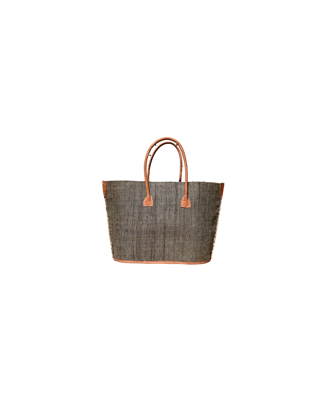 Medium Beach Bliss 134 handbag in handwoven raffia with a sleek charcoal-black finish, genuine leather handles, and reinforced corners – front view.