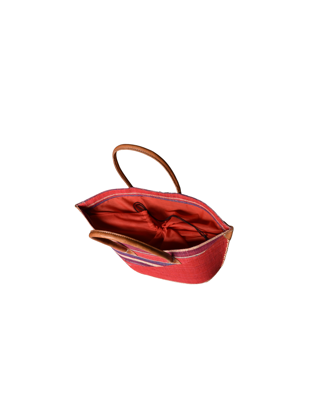 Top view of handmade raffia tote with drawstring securely closed, showcasing leather handles