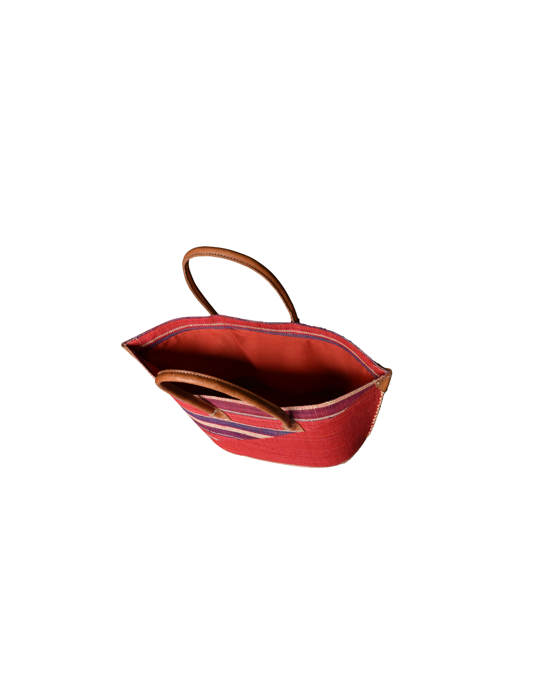 Top view of raffia tote showing fabric lining and open drawstring closure.