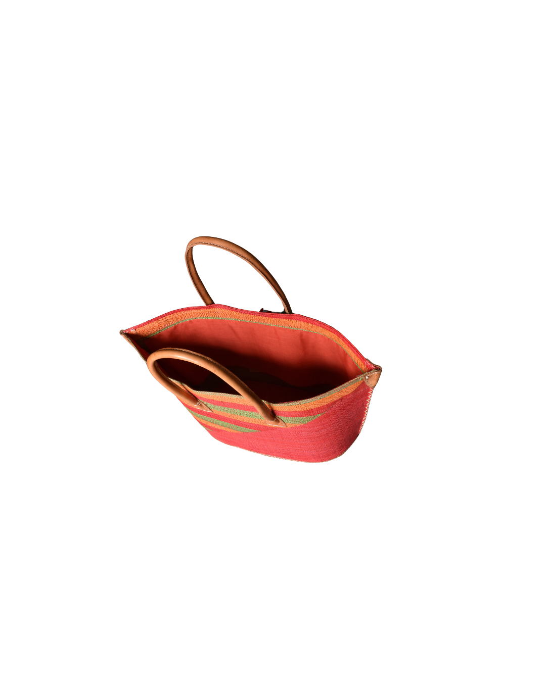 Handmade Raffia Beach Bag - Red/Green & Orange Stripes (Beach Bliss 003)