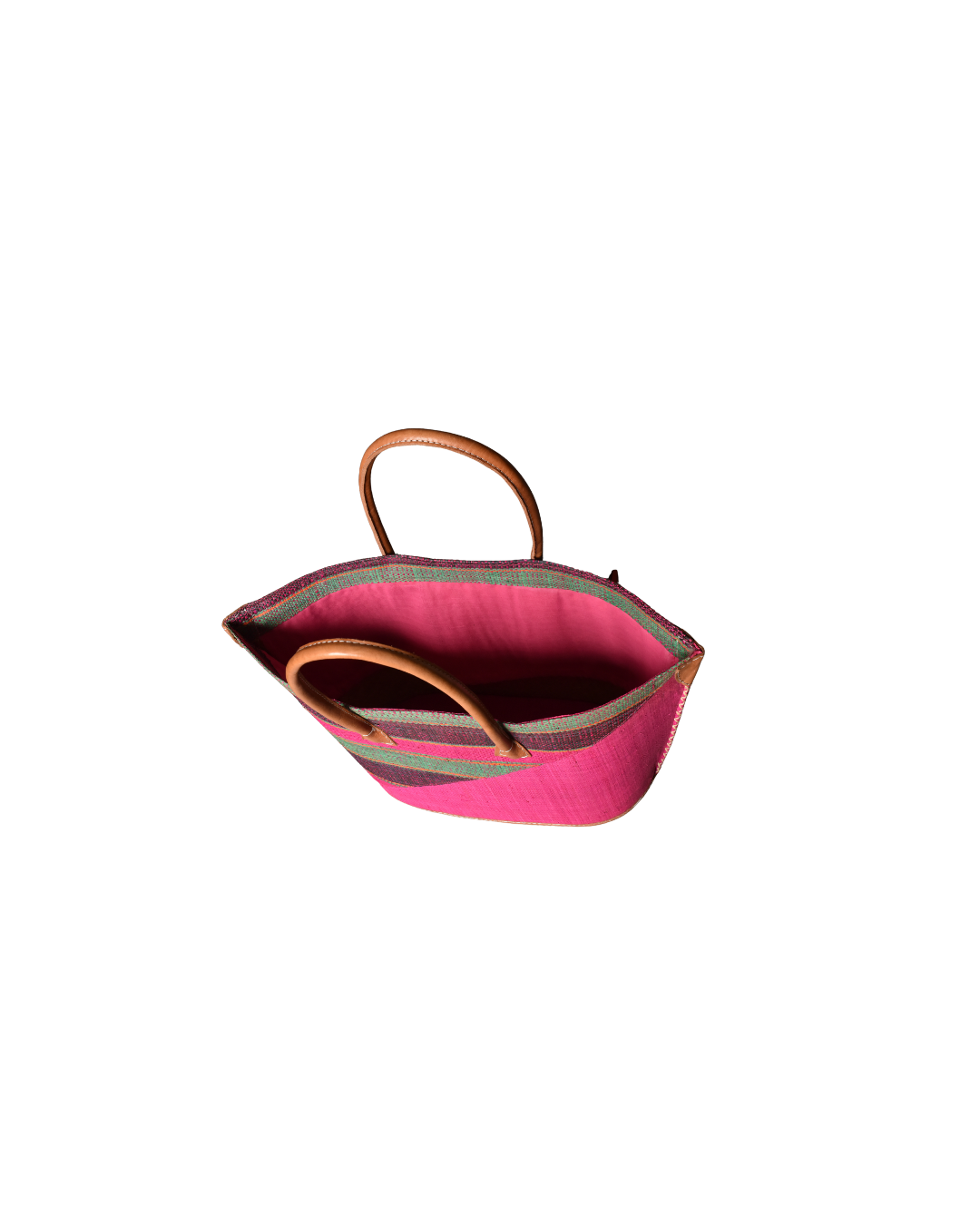 Handmade Raffia Beach Bag - Pink/Plum & Green Stripes (Beach Bliss 007)