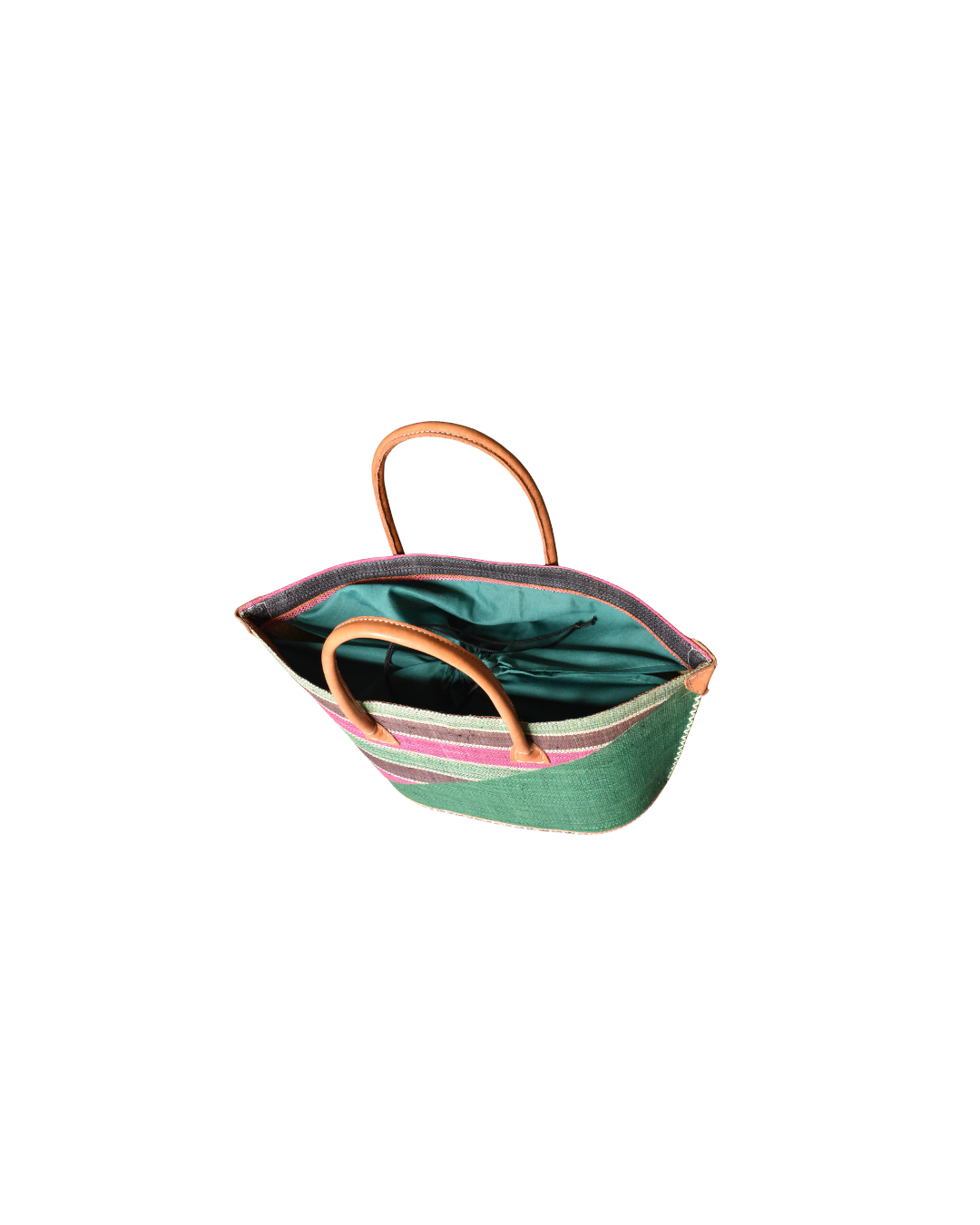 Handmade Raffia Beach Bag - Green/Plum & Pink Stripes (Beach Bliss 013)